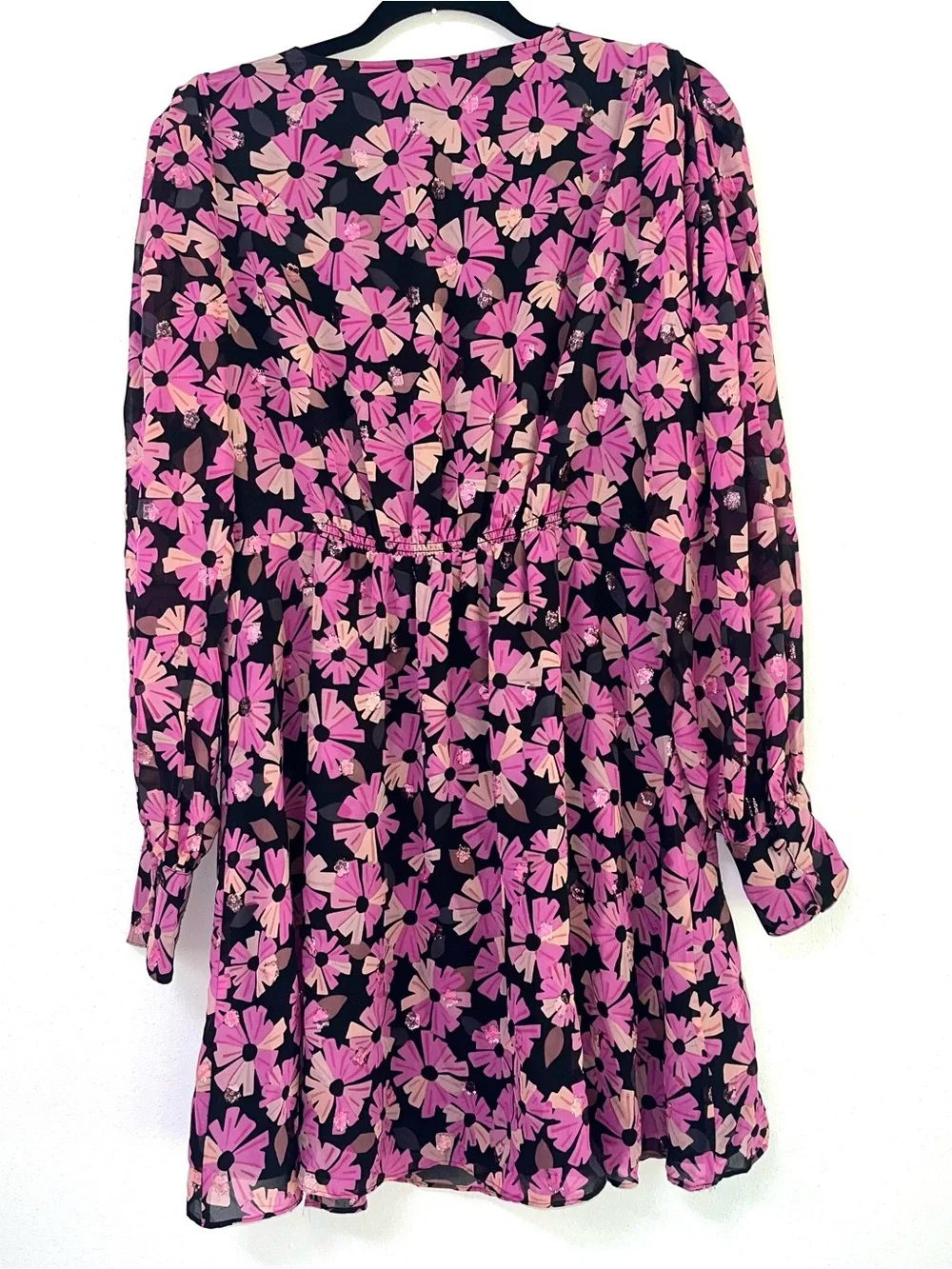 Kate Spade Wallflower Chiffon Midi Dress EUC V-Neck Pink Black Silk SZ 6